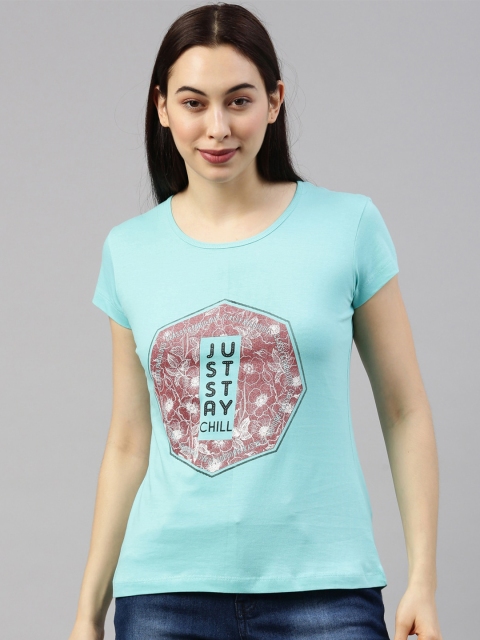 

GOLDSTROMS Women Blue Printed Extended Sleeves Training or Gym T-shirt