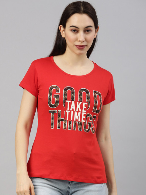

GOLDSTROMS Women Red Typography Printed Raw Edge Training or Gym T-shirt