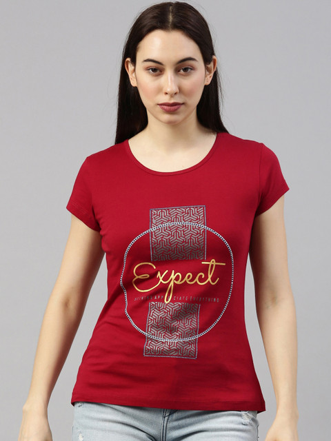 

GOLDSTROMS Women Red Printed Extended Sleeves Training or Gym T-shirt
