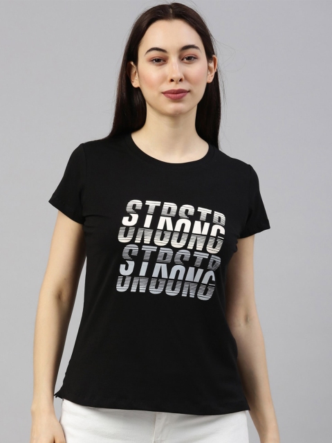 

GOLDSTROMS Women Black Typography Printed Applique Training or Gym T-shirt