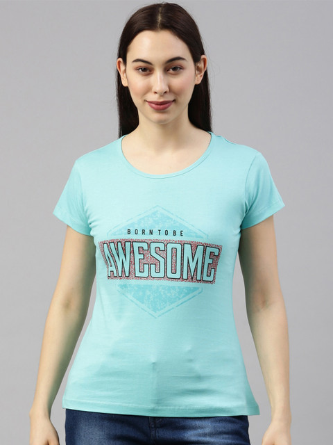 

GOLDSTROMS Women Blue Typography Printed Training or Gym T-shirt