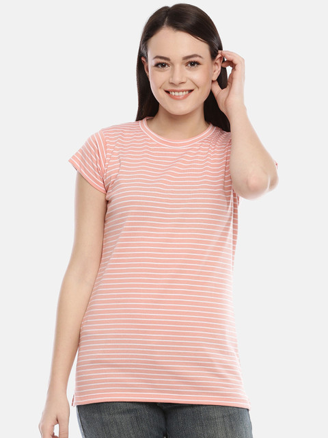 

GOLDSTROMS Women Peach-Coloured Striped Extended Sleeves Cut Outs Training or Gym T-shirt