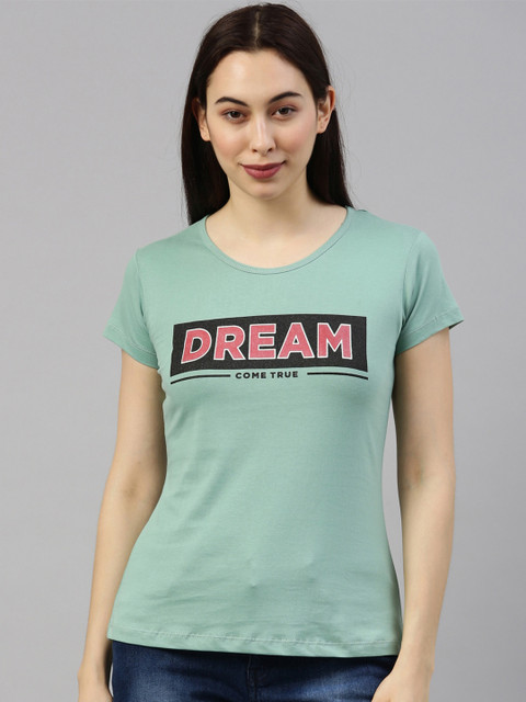 

GOLDSTROMS Women Sea Green Typography Printed Training or Gym T-shirt