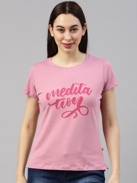 

GOLDSTROMS Women Pink Typography Printed Applique Training or Gym T-shirt