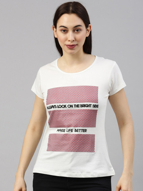 

GOLDSTROMS Women White Printed Training or Gym T-shirt
