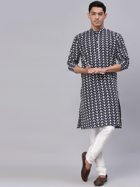 

NEUDIS Men Navy Blue Dupion Silk Chikankari Straight Kurta & Churidaar Set