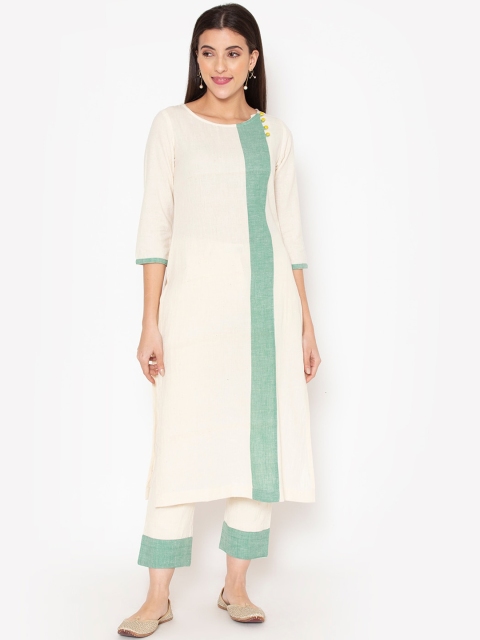 

Ekmatra Women Off White & Green Colourblocked Pure Cotton Kurta with Trousers