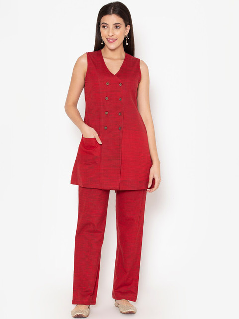 

Ekmatra Women Red Panelled Pure Cotton Kurti with Trousers