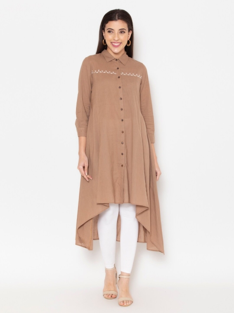 

Ekmatra Women Brown Shirt Collar Embroidered Tunic