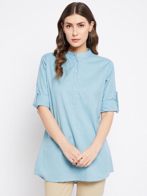 

Bitterlime Women Blue Mandarin Collar Pure Cotton Tunic