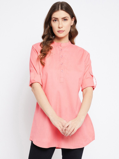 

Bitterlime Pink Mandarin Collar Pure Cotton Tunic