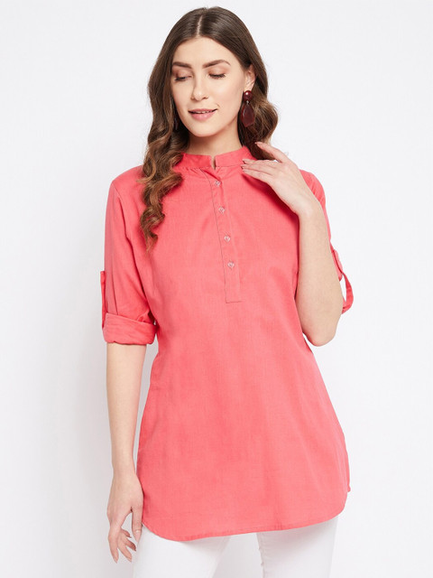 

Bitterlime Women Pink Mandarin Collar Tunic