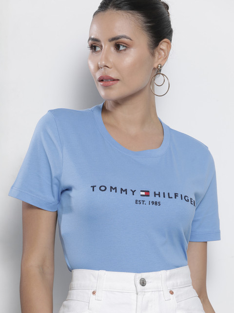 

Tommy Hilfiger Women Blue Brand Logo Printed Organic Cotton T-shirt