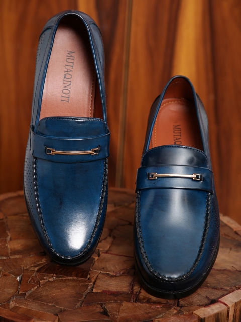 

MUTAQINOTI Men Blue Perforations Patent Leather Loafers