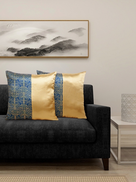 

DECOREALM Gold-Toned & Blue Ethnic Motifs Satin Square Cushion Covers