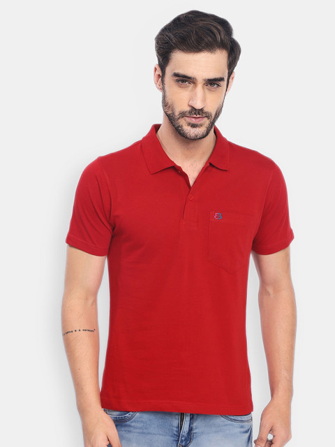 

berry blues Men Red Polo Collar Pockets Cotton T-shirt
