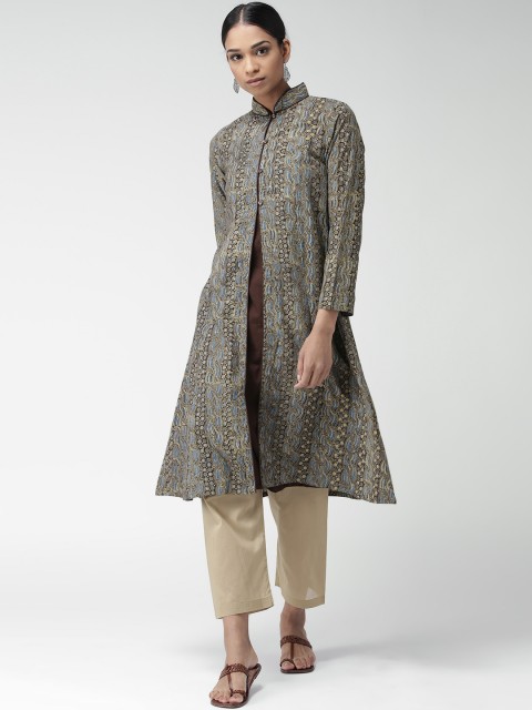 

JAYPORE Women Coffee Brown Ajrakh Print Layered A-Line Kurta