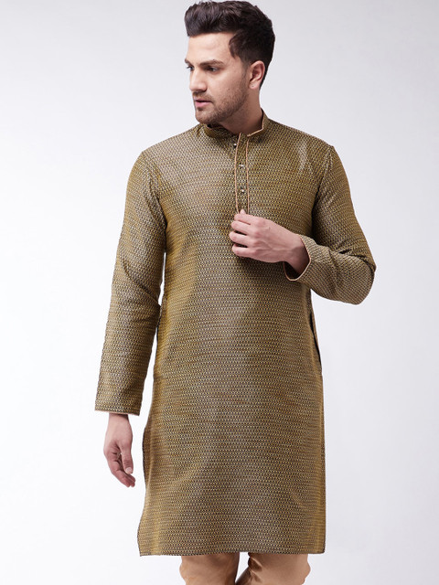 

VASTRAMAY Men Black & Golden Ethnic Motifs Woven Design Jacquard Kurta