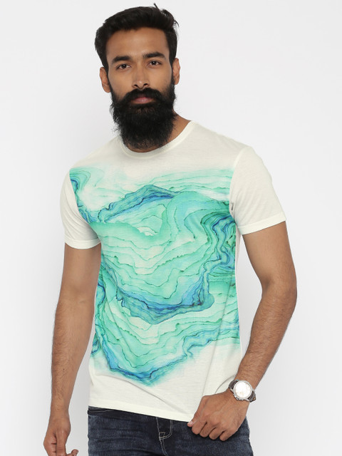 

Voi Jeans Men Cream-Coloured & Green Printed T-shirt