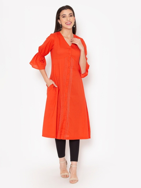 

Ekmatra Orange Front Open Elasticated Waist Pure Cotton Tunic