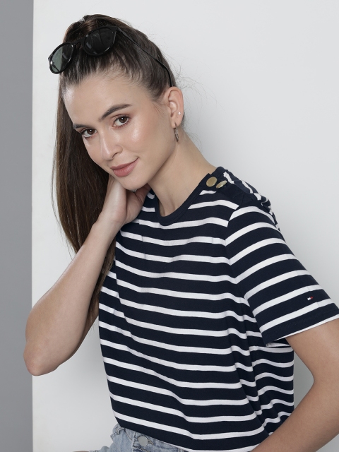 

Tommy Hilfiger Women Navy Blue & White Striped Round Neck T-shirt