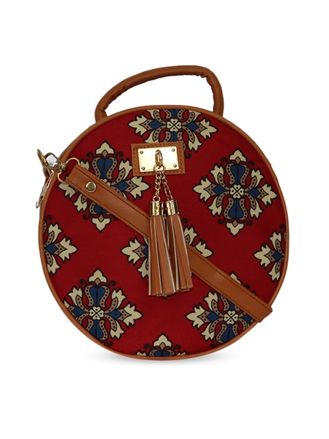 

LELYS Maroon & Blue Ethnic Motifs Printed Handheld Bag With Tassels