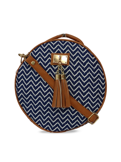 

LELYS Navy Blue & White Geometric Printed Handheld Bag with Tassels