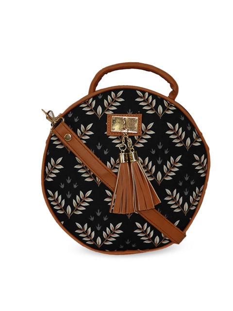 

LELYS Black Floral Printed Sling Bag with Tasselled