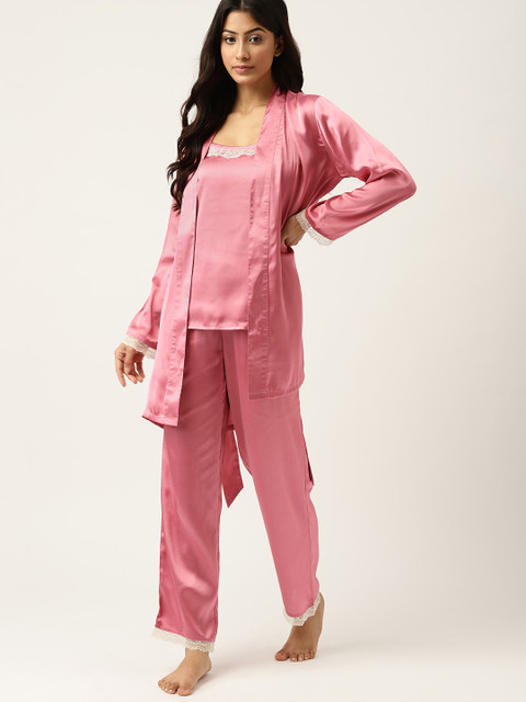 

ETC Women Pink Solid Satin 3 Piece Night suit Set With Lace Detail
