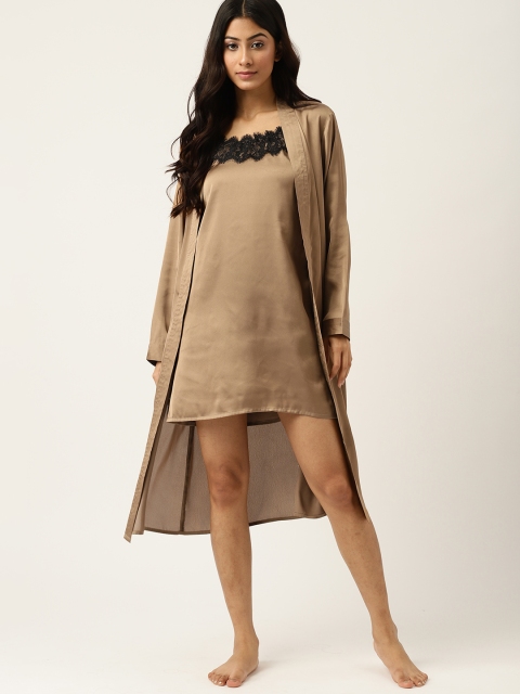 

ETC Brown Satin Lace Baby Doll With Robe