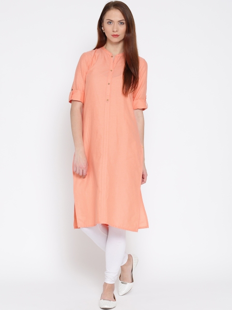 

AURELIA Women Peach-Coloured Solid Straight Kurta