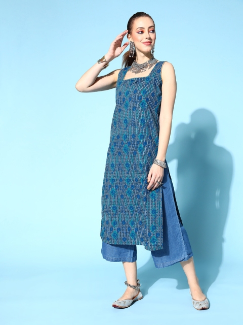 

Moda Rapido Women Blue Pure Cotton Geometric Printed Back Tie-up Kurta
