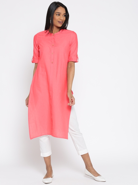 

AURELIA Women Coral Pink Solid Straight Kurta