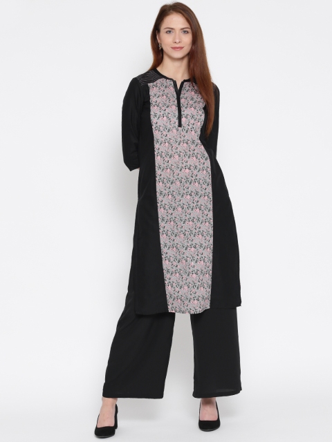 

AURELIA Women Black & Pink Floral Print Straight Kurta