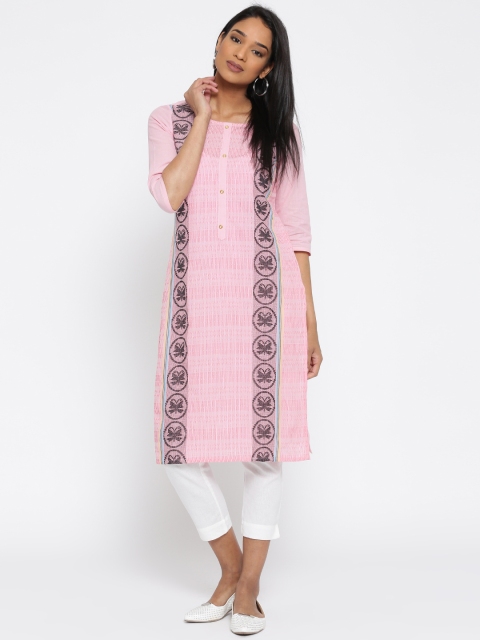 

AURELIA Women Pink Woven Design Straight Kurta