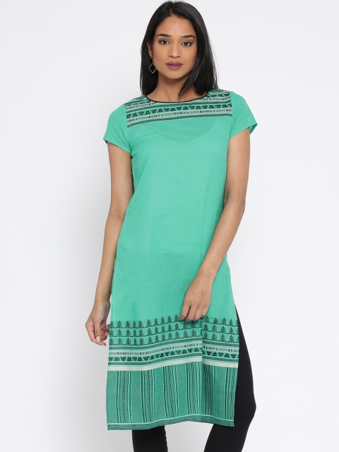 

AURELIA Women Sea Green Woven Design Semi-Sheer Straight Kurta