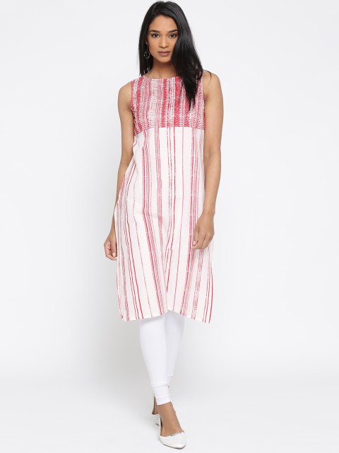 

AURELIA Women White & Red Printed Straight Kurta
