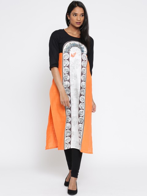 

AURELIA Women Orange & White Printed Straight Kurta