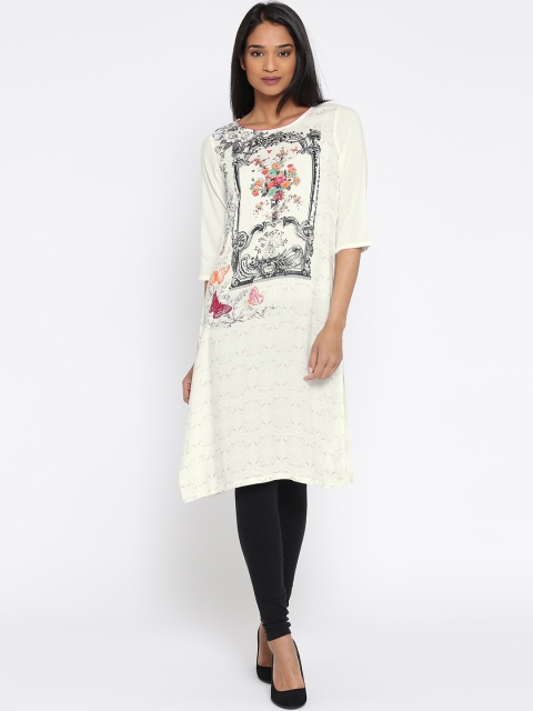 

AURELIA Women Off-White Printed Straight Kurta