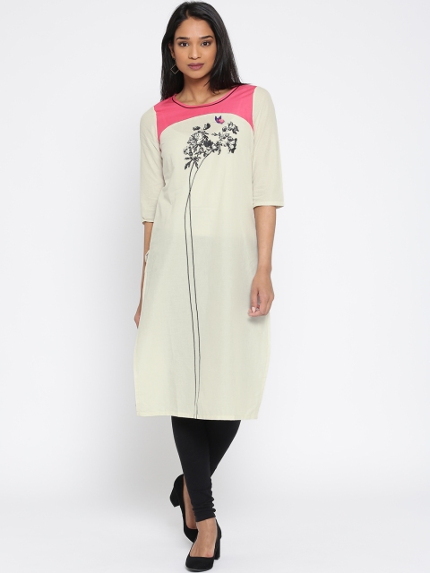 

AURELIA Women Off-White Printed Straight Kurta