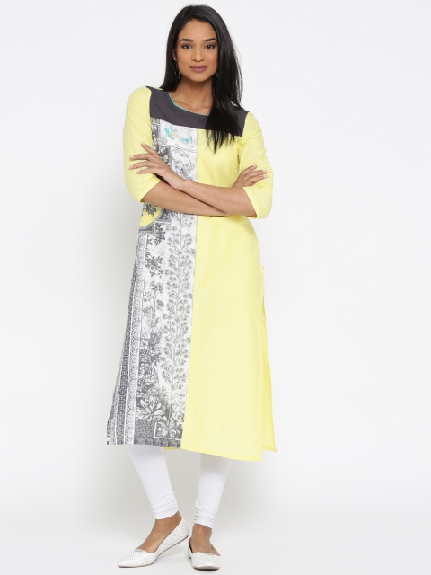 

AURELIA Women Yellow & White Printed Straight Kurta