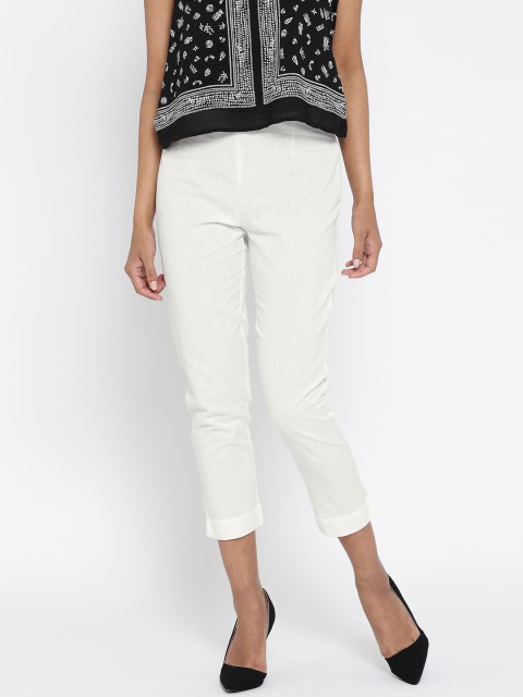 

AURELIA Women Off-White Solid Casual Trousers