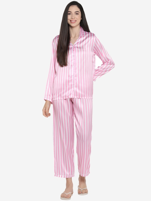 

Shopbloom Women Pink Striped Satin Night Suit