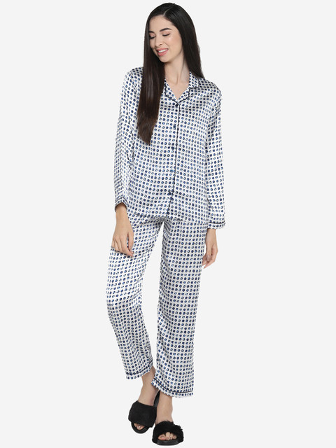 

shopbloom Women White & Navy Blue Printed Cotton Night suit