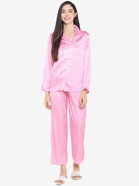 

shopbloom Women Pink & White Printed Satin Night suit
