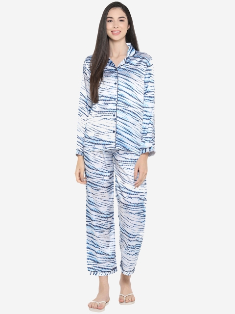 

shopbloom Women White & Blue Printed Night suit