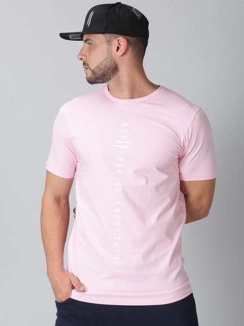 

ATTIITUDE Men Pink & White Typography Printed Dri-FIT Pure Cotton Slim Fit T-shirt