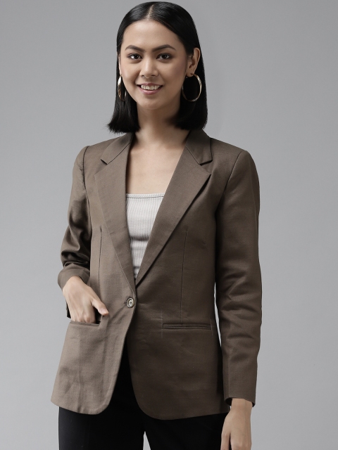 

Shaftesbury London Women Brown Solid Slim Fit Single-Breasted Blazer