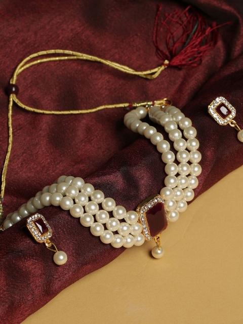 

SOHI Women Gold-Plated White & Red Ruby-Studded & Pearl Beaded Jewellery Set