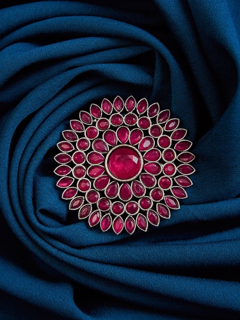 

SOHI Silver-Plated & Pink Stones & Beads Adjustable Finger Ring